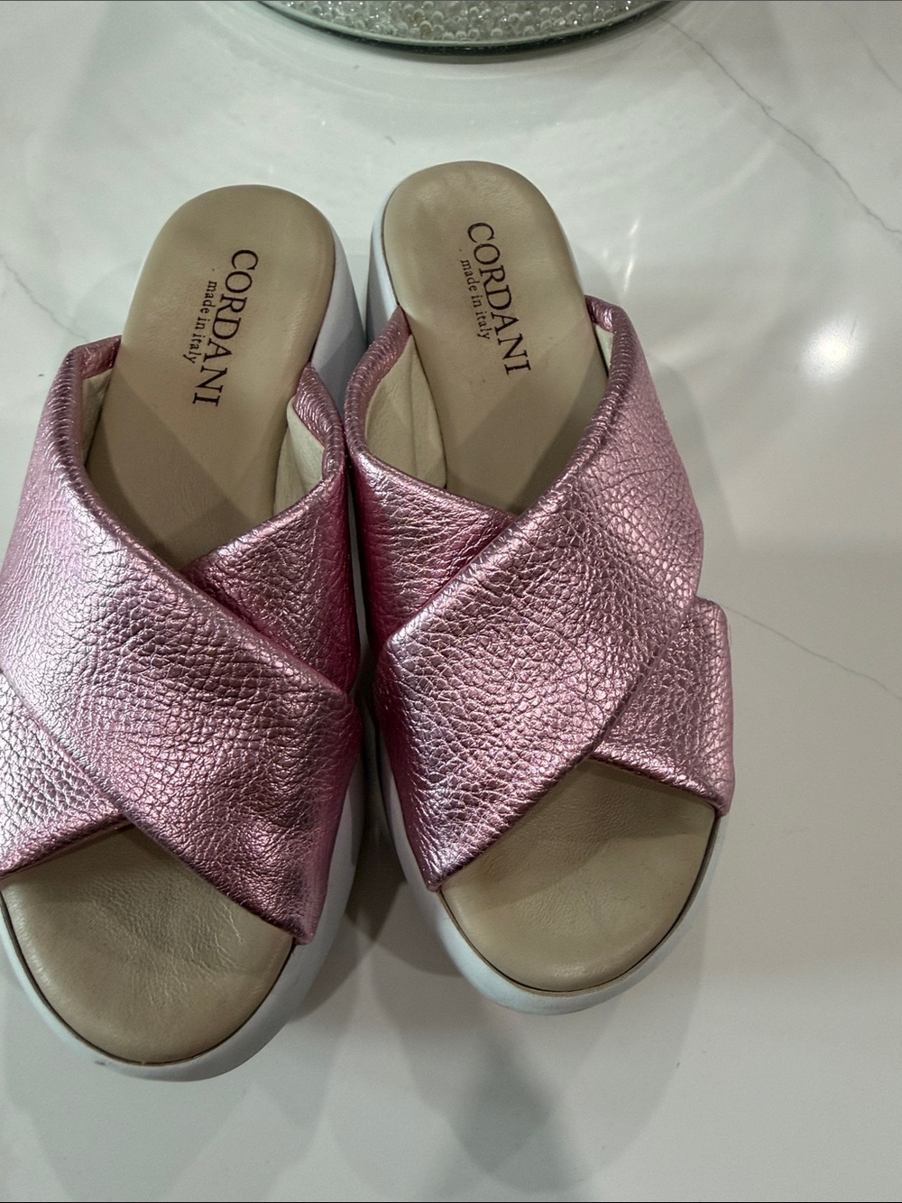 Cordani Metallic Pink Crossband Slide Mules